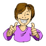 Cartoon of a woman with short dark hair, wearing a purple blouse, She has a huge smile and two thumbs up.
