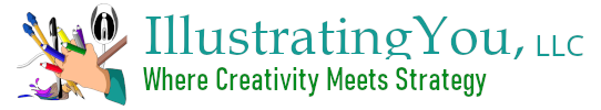 IllustratingYou, LLC logo consists of a cartoon hand holding multiple artistic pencils, pens, markers with a paint brush in the background and a computer mouse above the brush