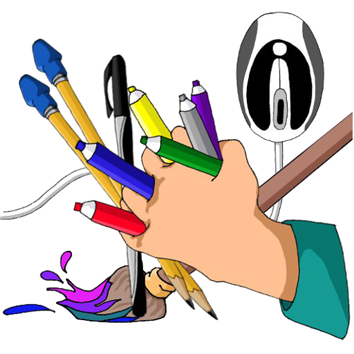Cartoon illustrated logo of a hand holding multiple colors of pencils, pens, markers, with a paint brush behind, and a computer mouse
