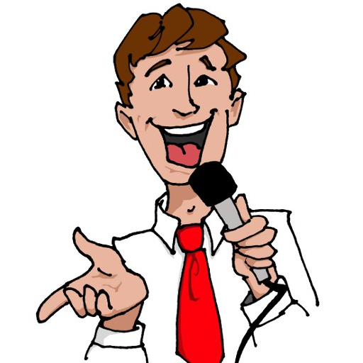 Cartoon of a male speaker and teacher who is wearing a white shirt and red tie. He is holding a microphone and speaking enthusiastically.