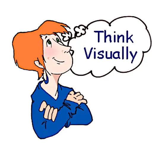 Cartoon of a woman with short orange hair. She's wearing a blue, long-sleeved dress and has her arms folded in front of her. She is thinking the words "Think Visually"